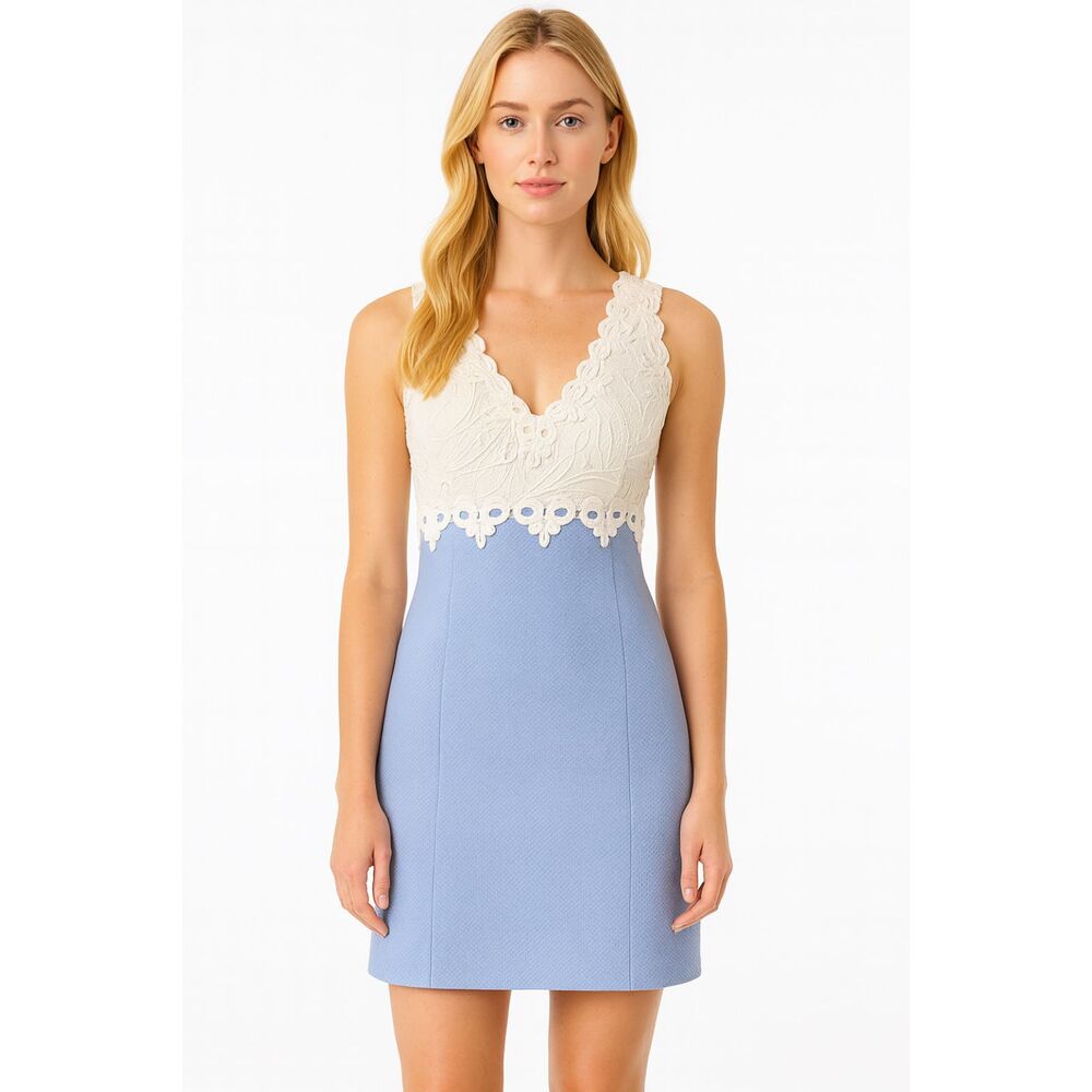 Lilly Pulitzer Sandi Stretch Shift Dress Lace Bodice Blue Peri Textured 00 NWT